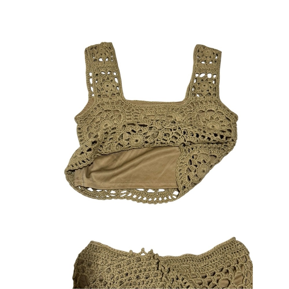 Lnable by Mable Tan Crochet Matching Set Crop Top Mini Skirt Boho Festival M - Picture 11 of 13